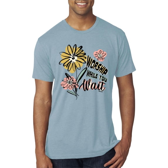 Wild Bobby Worship While You Wait Sunflower Pink and Yellow Inspirational/Christian Men Premium Tri Blend Tee, Denim, Large