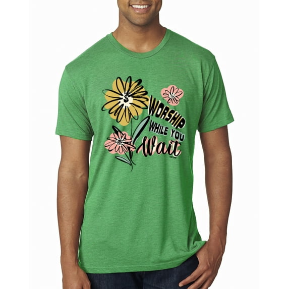 Wild Bobby Worship While You Wait Sunflower Pink and Yellow Inspirational/Christian Men Premium Tri Blend Tee, Envy, Large
