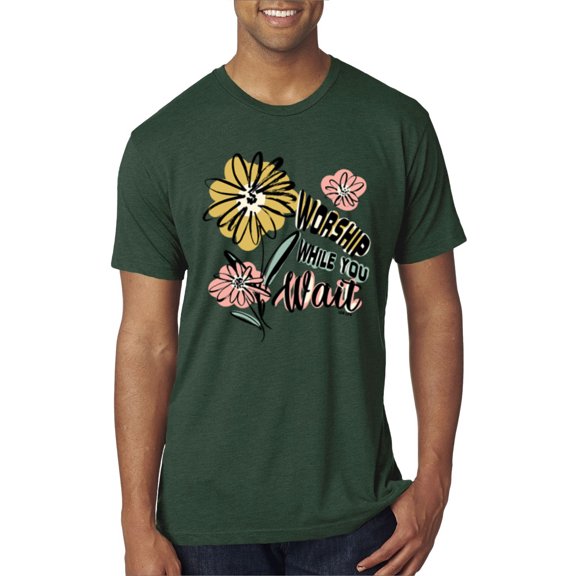 Wild Bobby Worship While You Wait Sunflower Pink and Yellow Inspirational/Christian Men Premium Tri Blend Tee, Forest Green, X-Large