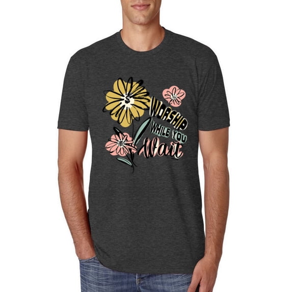 Wild Bobby Worship While You Wait Sunflower Pink and Yellow Inspirational/Christian Men Premium Tri Blend Tee, Vintage Black, X-Large