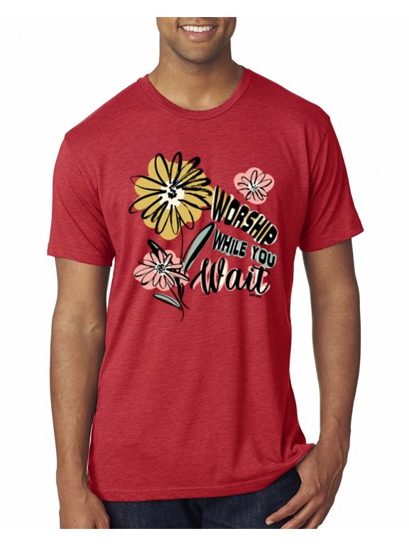 Worship While You Wait Sunflower Pink and Yellow Inspirational/Christian Men Premium Tri Blend Tee, Vintage Red, X-Large
