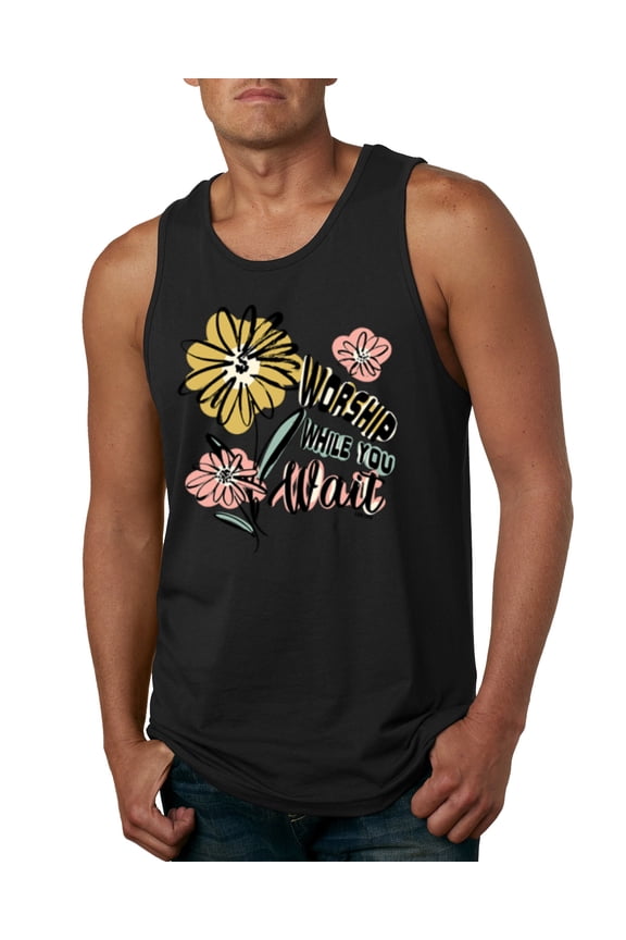 Worship While You Wait Sunflower Pink and Yellow Inspirational/Christian Men Tank Top, Black, Medium