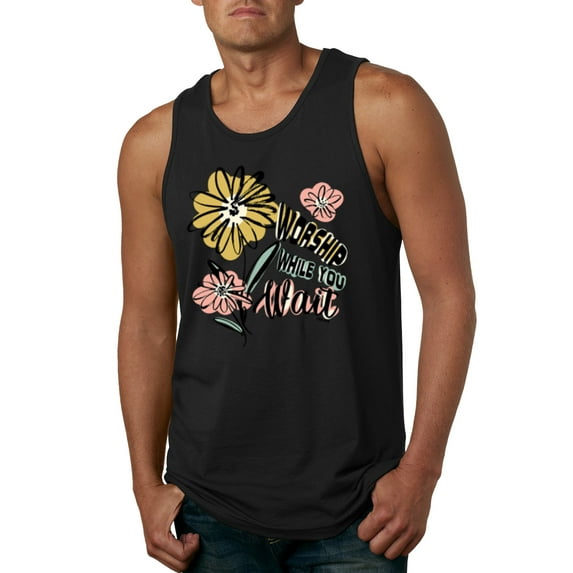 Wild Bobby Worship While You Wait Sunflower Pink and Yellow Inspirational/Christian Men Tank Top, Black, Small