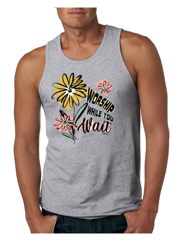 Worship While You Wait Sunflower Pink and Yellow Inspirational/Christian Men Tank Top, Heather Grey, Large