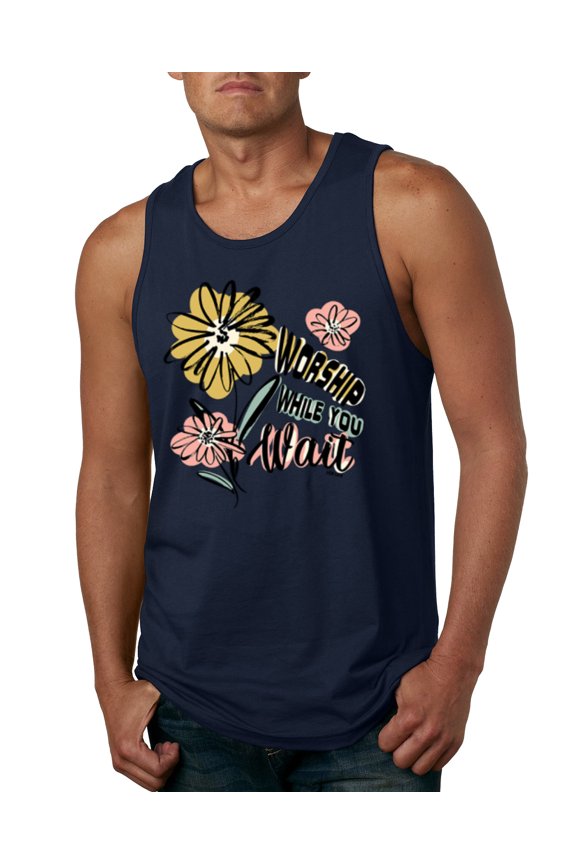 Worship While You Wait Sunflower Pink and Yellow Inspirational/Christian Men Tank Top, Navy, Medium