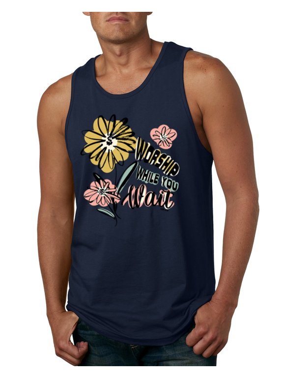 Worship While You Wait Sunflower Pink and Yellow Inspirational/Christian Men Tank Top, Navy, Medium