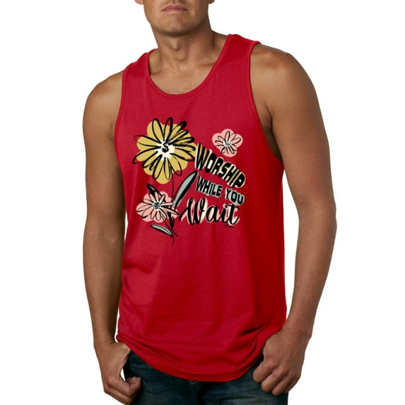 Wild Bobby Worship While You Wait Sunflower Pink and Yellow Inspirational/Christian Men Tank Top, Red, Small