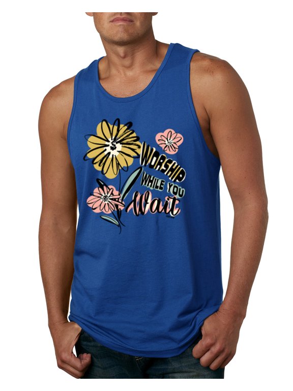 Worship While You Wait Sunflower Pink and Yellow Inspirational/Christian Men Tank Top, Royal, X-Large