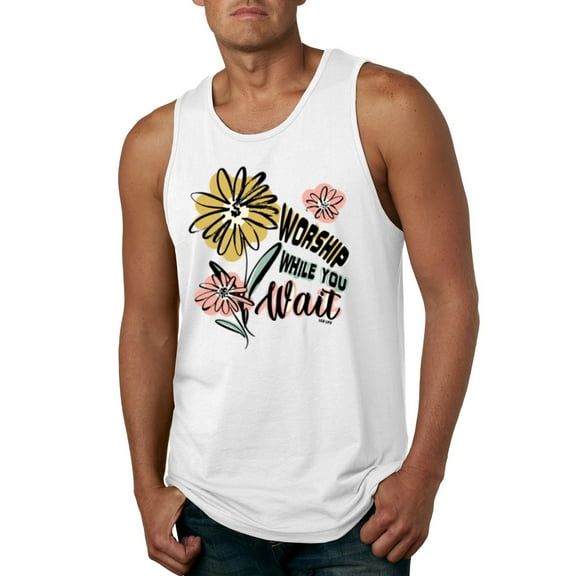 Wild Bobby Worship While You Wait Sunflower Pink and Yellow Inspirational/Christian Men Tank Top, White, Medium