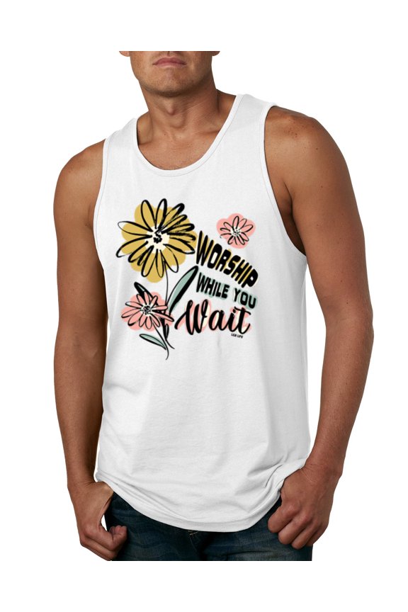Worship While You Wait Sunflower Pink and Yellow Inspirational/Christian Men Tank Top, White, Small