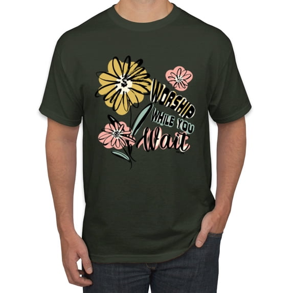 Wild Bobby Worship While You Wait Sunflower Pink and Yellow Inspirational/Christian Men Tee, Forest Green, Small