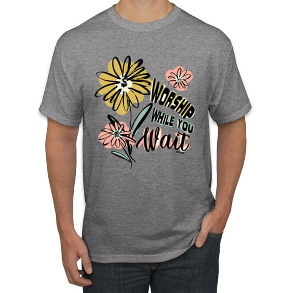 Wild Bobby Worship While You Wait Sunflower Pink and Yellow Inspirational/Christian Men Tee, Heather Grey, Medium