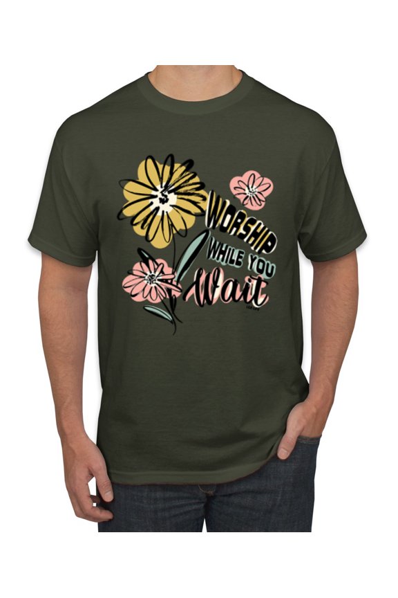 Worship While You Wait Sunflower Pink and Yellow Inspirational/Christian Men Tee, Military Green, 5X-Large