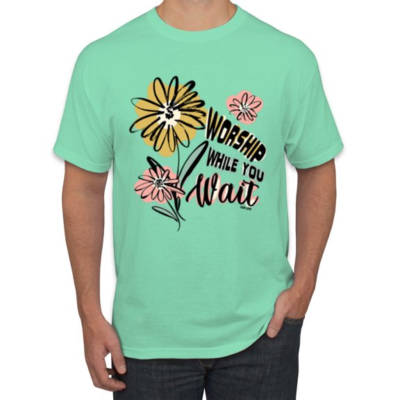 Wild Bobby Worship While You Wait Sunflower Pink and Yellow Inspirational/Christian Men Tee, Mint, X-Large