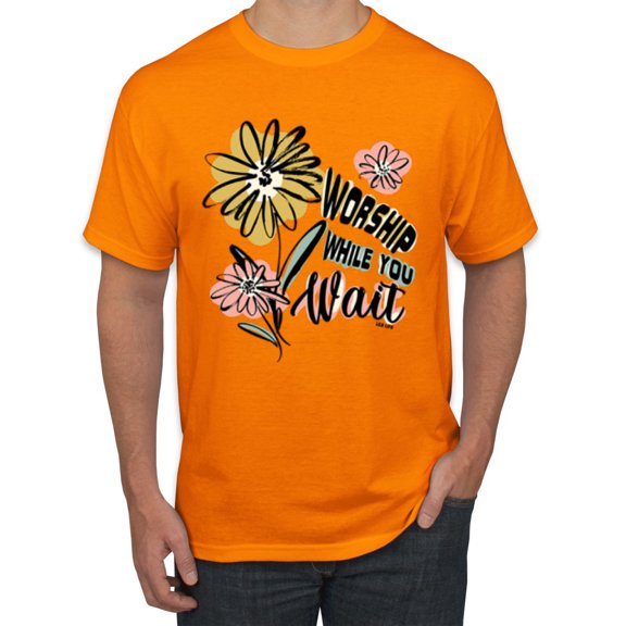 Wild Bobby Worship While You Wait Sunflower Pink and Yellow Inspirational/Christian Men Tee, Orange, 4X-Large