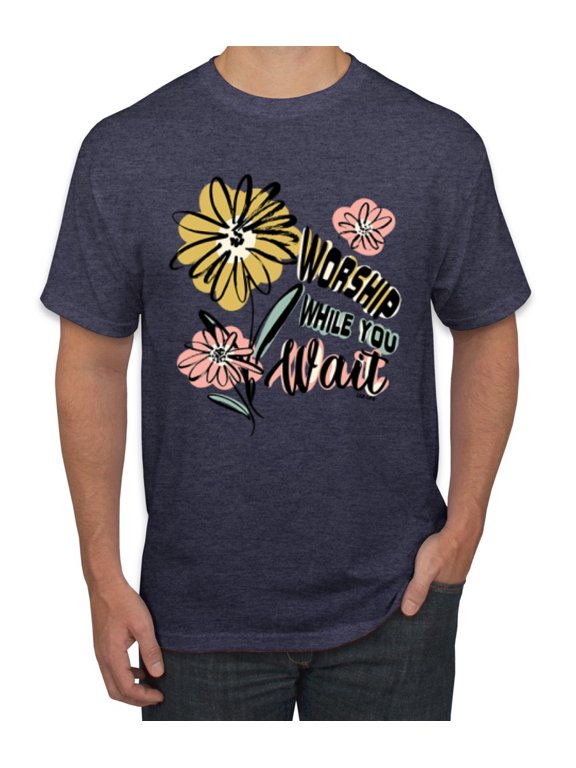 Worship While You Wait Sunflower Pink and Yellow Inspirational/Christian Men Tee, Vintage Heather Navy, Medium