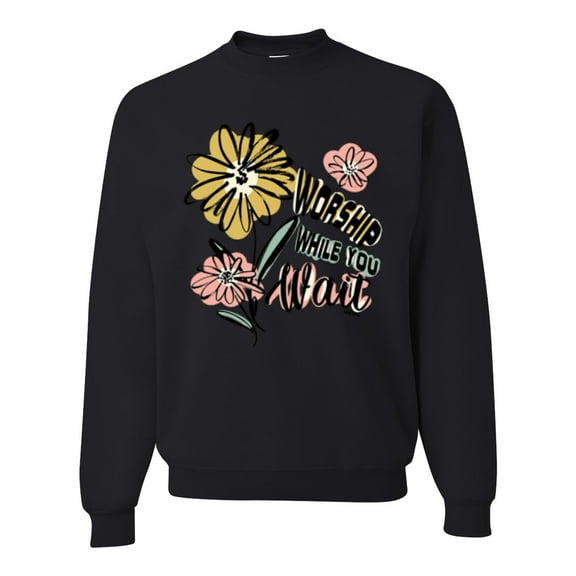 Wild Bobby Worship While You Wait Sunflower Pink and Yellow Inspirational/Christian Unisex Crewneck Sweatshirt, Black, Large