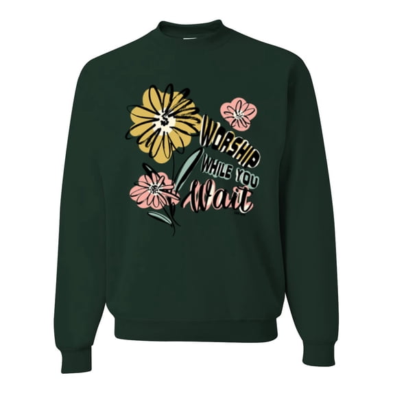 Wild Bobby Worship While You Wait Sunflower Pink and Yellow Inspirational/Christian Unisex Crewneck Sweatshirt, Forest Green, 3X-Large