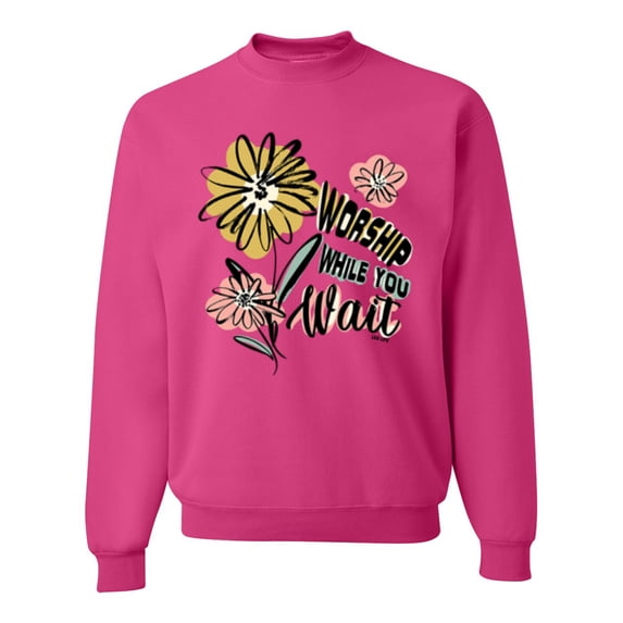 Wild Bobby Worship While You Wait Sunflower Pink and Yellow Inspirational/Christian Unisex Crewneck Sweatshirt, Fuschia, X-Large