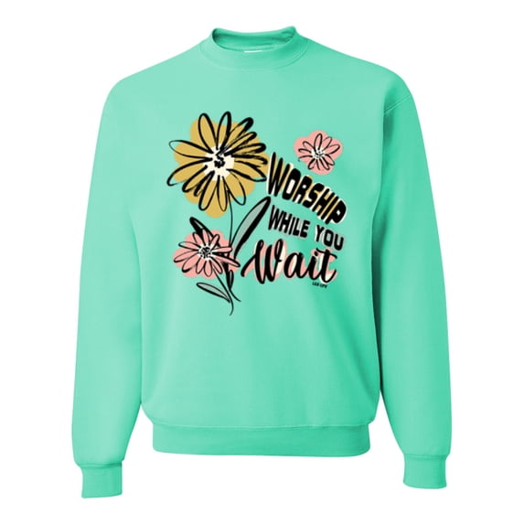 Wild Bobby Worship While You Wait Sunflower Pink and Yellow Inspirational/Christian Unisex Crewneck Sweatshirt, Mint, 3X-Large
