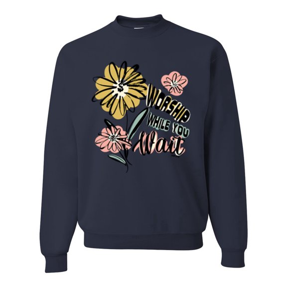Wild Bobby Worship While You Wait Sunflower Pink and Yellow Inspirational/Christian Unisex Crewneck Sweatshirt, Navy, Small
