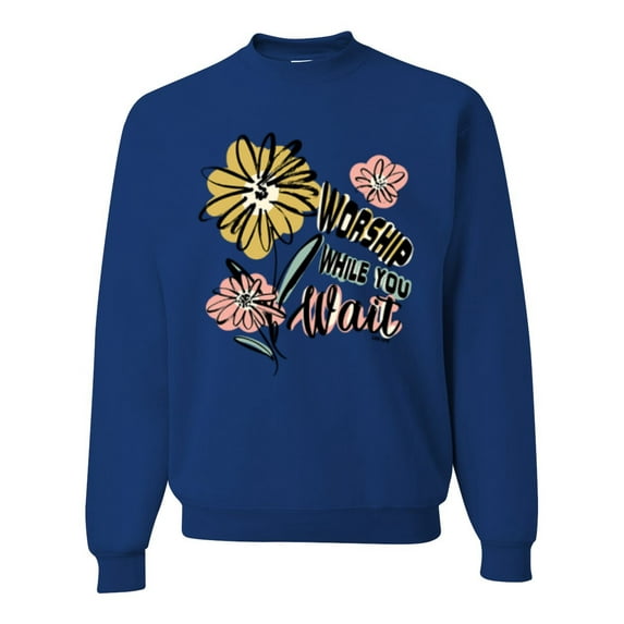 Wild Bobby Worship While You Wait Sunflower Pink and Yellow Inspirational/Christian Unisex Crewneck Sweatshirt, Royal, Small