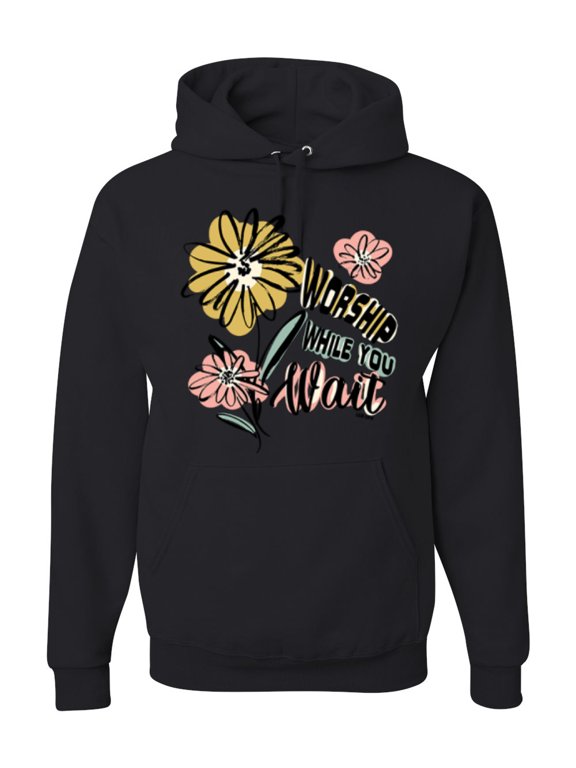Worship While You Wait Sunflower Pink and Yellow Inspirational/Christian Unisex Hoodie Sweatshirt, Black, Large