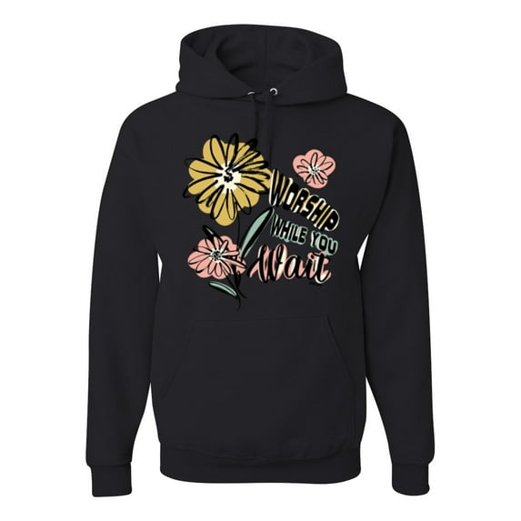 Wild Bobby Worship While You Wait Sunflower Pink and Yellow Inspirational/Christian Unisex Hoodie Sweatshirt, Black, Small