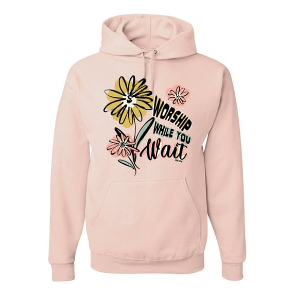 Wild Bobby Worship While You Wait Sunflower Pink and Yellow Inspirational/Christian Unisex Hoodie Sweatshirt, Blush Pink, XX-Large