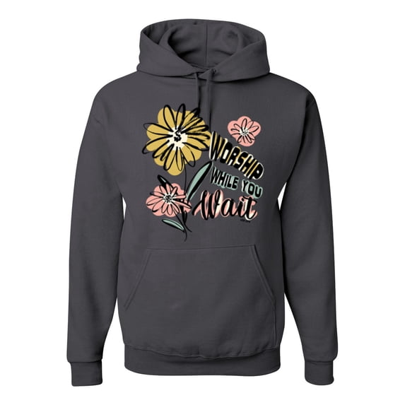 Wild Bobby Worship While You Wait Sunflower Pink and Yellow Inspirational/Christian Unisex Hoodie Sweatshirt, Charcoal, Medium