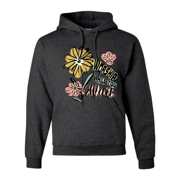 Wild Bobby Worship While You Wait Sunflower Pink and Yellow Inspirational/Christian Unisex Hoodie Sweatshirt, Heather Black, Medium