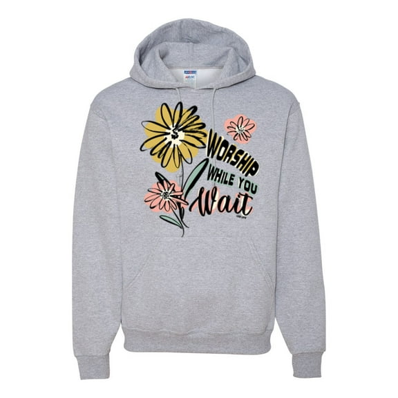 Wild Bobby Worship While You Wait Sunflower Pink and Yellow Inspirational/Christian Unisex Hoodie Sweatshirt, Heather Grey, Large