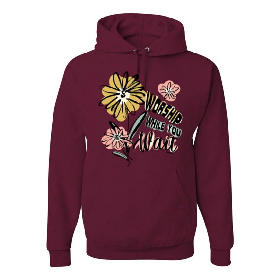 Wild Bobby Worship While You Wait Sunflower Pink and Yellow Inspirational/Christian Unisex Hoodie Sweatshirt, Maroon, X-Large