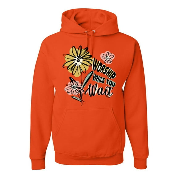 Wild Bobby Worship While You Wait Sunflower Pink and Yellow Inspirational/Christian Unisex Hoodie Sweatshirt, Orange, XX-Large