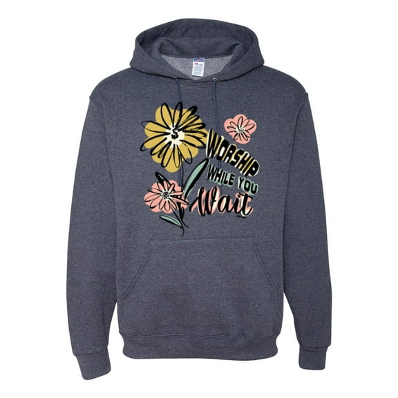 Wild Bobby Worship While You Wait Sunflower Pink and Yellow Inspirational/Christian Unisex Hoodie Sweatshirt, Vintage Heather Navy, X-Large