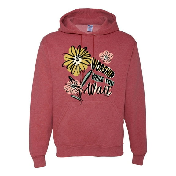 Wild Bobby Worship While You Wait Sunflower Pink and Yellow Inspirational/Christian Unisex Hoodie Sweatshirt, Vintage Heather Red, X-Large