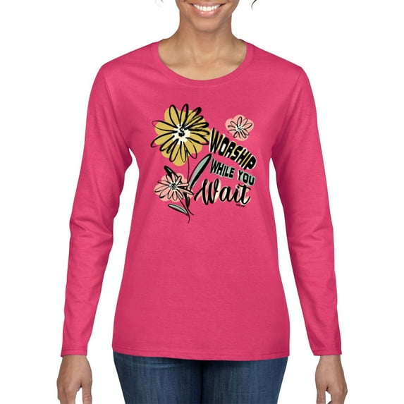 Wild Bobby Worship While You Wait Sunflower Pink and Yellow Inspirational/Christian Women Graphic Long Sleeve Tee, Fuschia, XX-Large