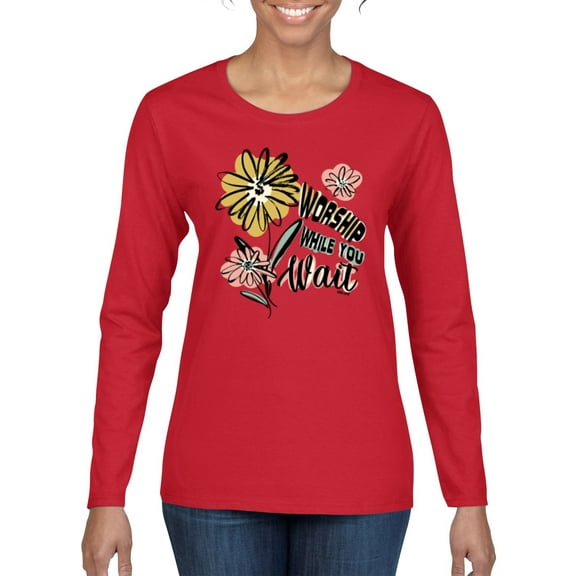 Wild Bobby Worship While You Wait Sunflower Pink and Yellow Inspirational/Christian Women Graphic Long Sleeve Tee, Red, X-Large