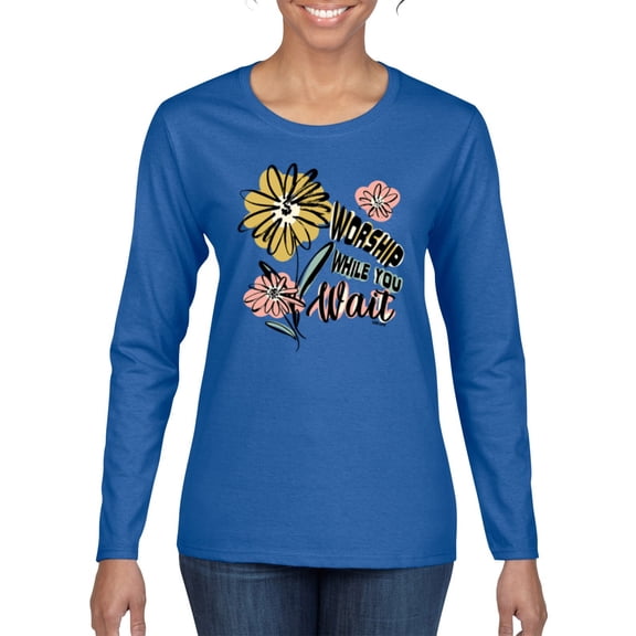 Wild Bobby Worship While You Wait Sunflower Pink and Yellow Inspirational/Christian Women Graphic Long Sleeve Tee, Royal, Large