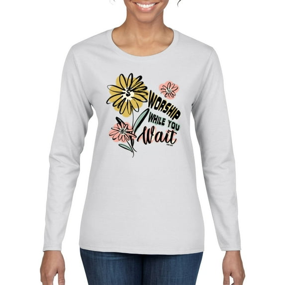 Wild Bobby Worship While You Wait Sunflower Pink and Yellow Inspirational/Christian Women Graphic Long Sleeve Tee, White, XX-Large