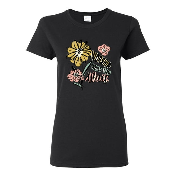 Wild Bobby Worship While You Wait Sunflower Pink and Yellow Inspirational/Christian Women Graphic Tee, Black, Medium