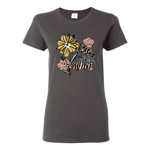 Wild Bobby Worship While You Wait Sunflower Pink and Yellow Inspirational/Christian Women Graphic Tee, Charcoal, X-Large