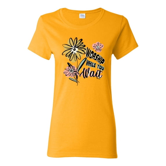Wild Bobby Worship While You Wait Sunflower Pink and Yellow Inspirational/Christian Women Graphic Tee, Gold, Large