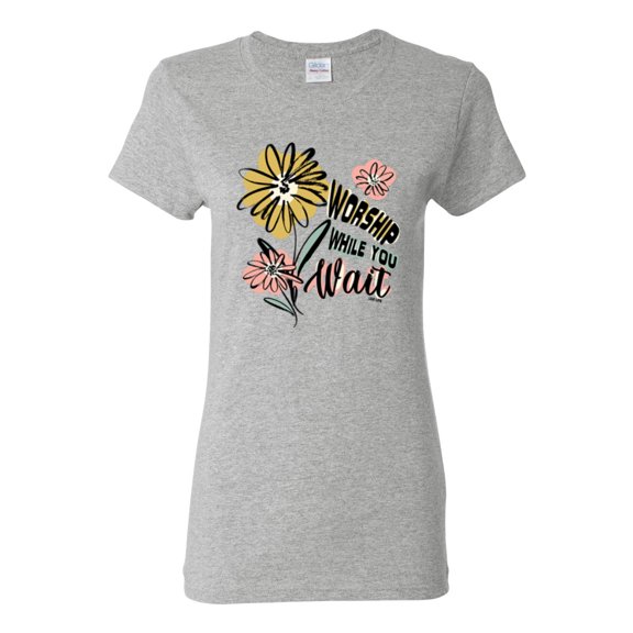 Wild Bobby Worship While You Wait Sunflower Pink and Yellow Inspirational/Christian Women Graphic Tee, Heather Grey, Large