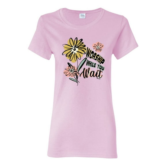 Wild Bobby Worship While You Wait Sunflower Pink and Yellow Inspirational/Christian Women Graphic Tee, Light Pink, Large