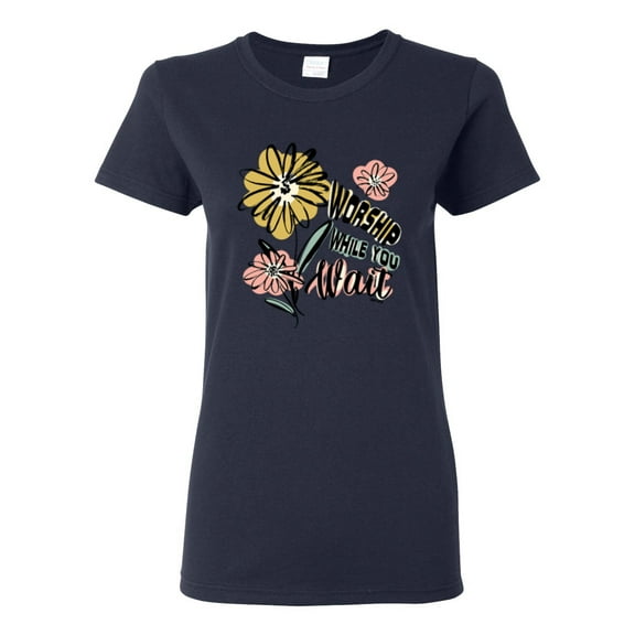 Wild Bobby Worship While You Wait Sunflower Pink and Yellow Inspirational/Christian Women Graphic Tee, Navy, Small