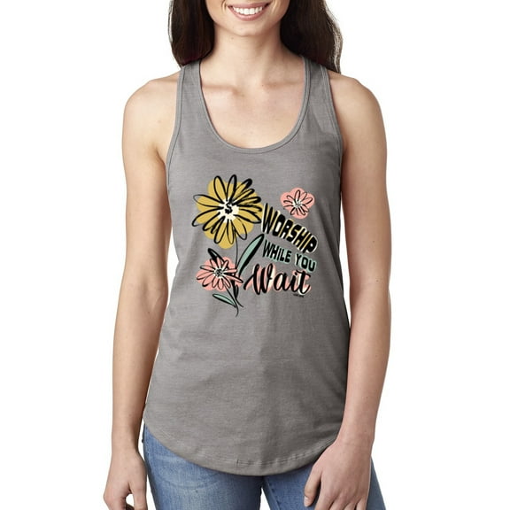 Wild Bobby Worship While You Wait Sunflower Pink and Yellow Inspirational/Christian Women Racerback Tank Top, Heather Grey, Small