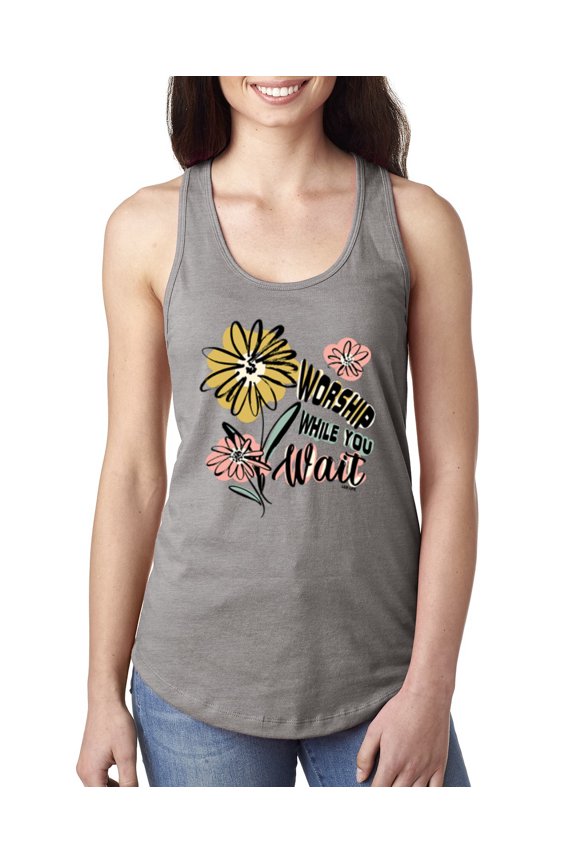 Worship While You Wait Sunflower Pink and Yellow Inspirational/Christian Women Racerback Tank Top, Heather Grey, Small