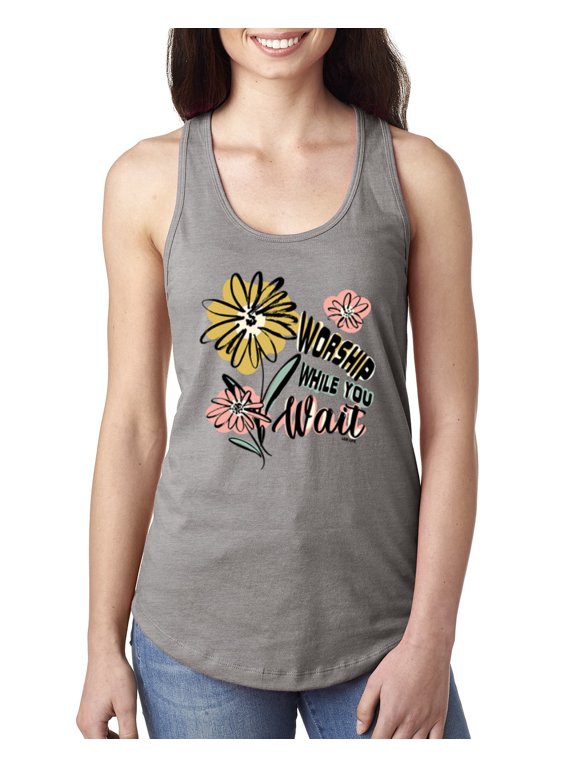 Worship While You Wait Sunflower Pink and Yellow Inspirational/Christian Women Racerback Tank Top, Heather Grey, Small