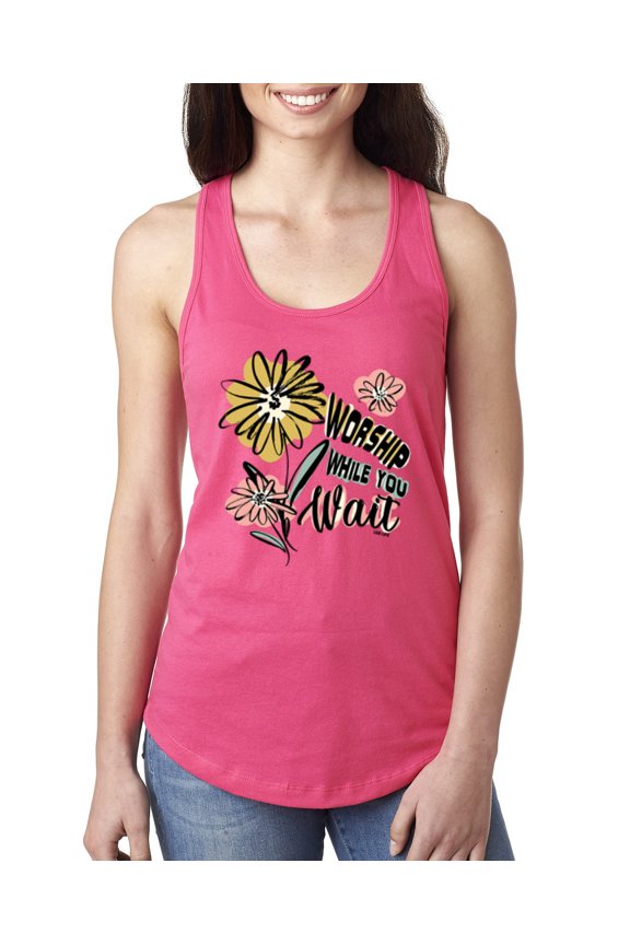Worship While You Wait Sunflower Pink and Yellow Inspirational/Christian Women Racerback Tank Top, Hot Pink, Small